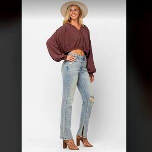 New JUDY BLUE High Waist Destroyed Straight Jeans Inside Slit Hem 13\31